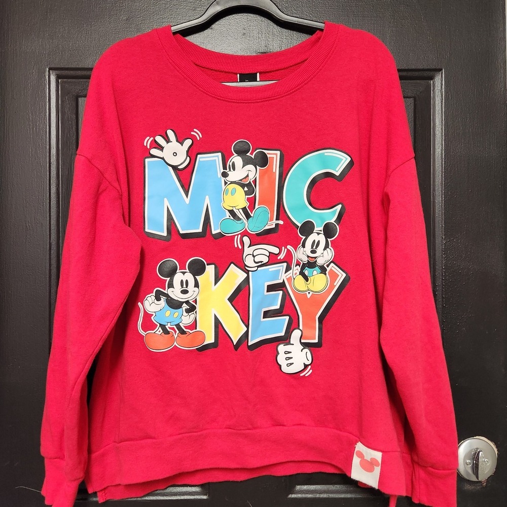 Disney Mickey Mouse Sweatshirt Juniors XXL (19) Red Crew Neck Sweater Cartoon
